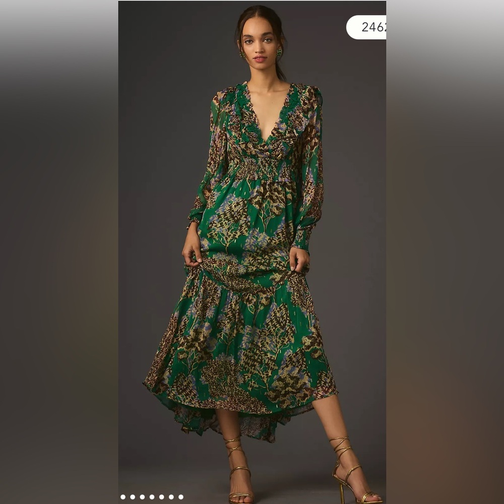 Anthropologie Emerald and Chocolate Long Sleeve Dress